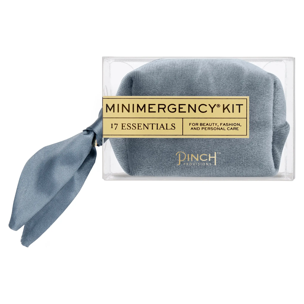 Velvet Scarf Minimergency Kit in Dusty Blue | by Pinch Provisions  NEW FOR THE HOLIDAYS! Luxury and peace of mind in the palm of your hand? Now you can have both with our new Velvet Scarf Minimergency Kits, which are beautiful as they are practical. Each soft velvet pouch with a matching silky scarf zipper pull contains 17 beauty, personal care, and style essentials...everything you need IN A PINCH®!