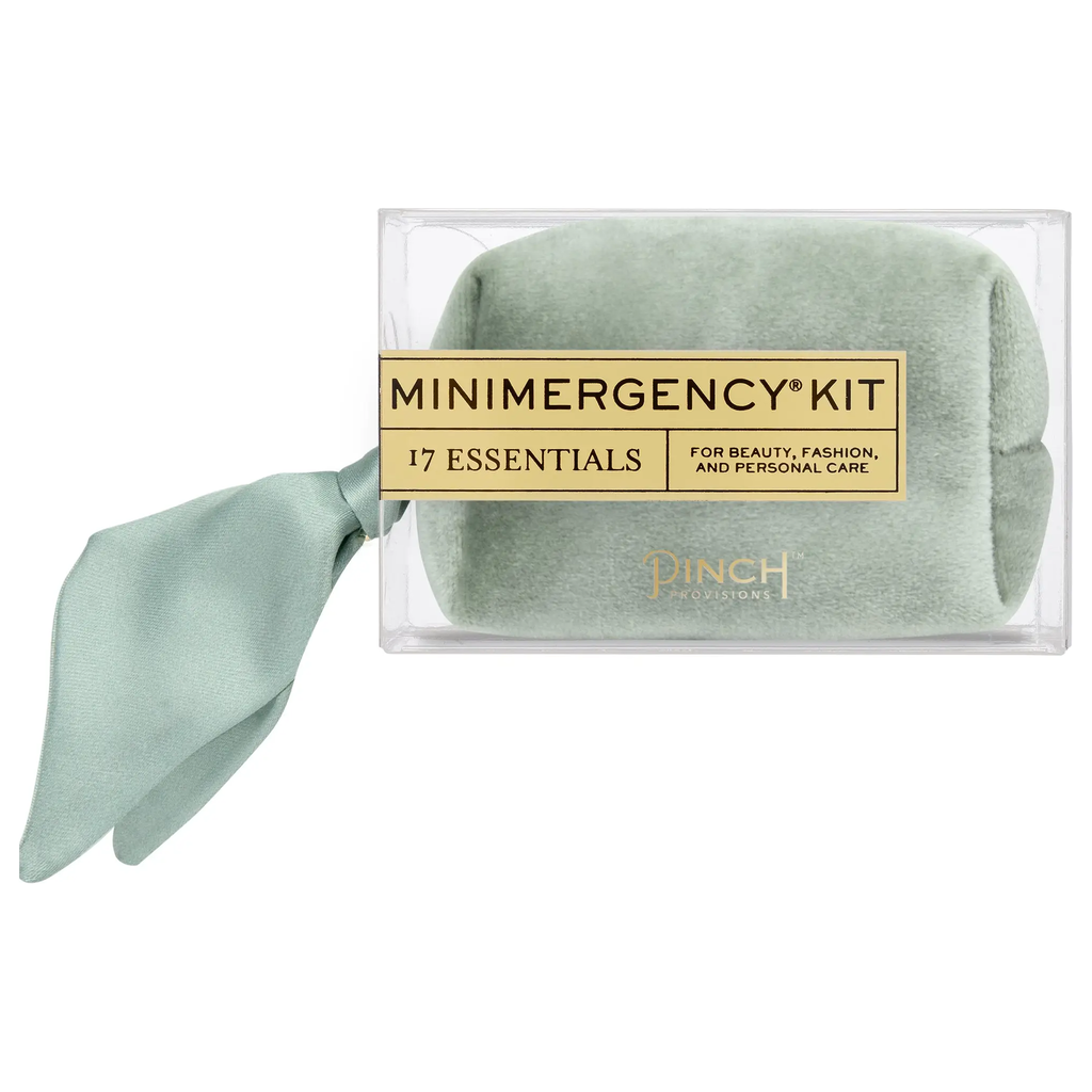 Velvet Scarf Minimergency Kit in Dusty Blue | by Pinch Provisions  NEW FOR THE HOLIDAYS! Luxury and peace of mind in the palm of your hand? Now you can have both with our new Velvet Scarf Minimergency Kits, which are beautiful as they are practical. Each soft velvet pouch with a matching silky scarf zipper pull contains 17 beauty, personal care, and style essentials...everything you need IN A PINCH®!